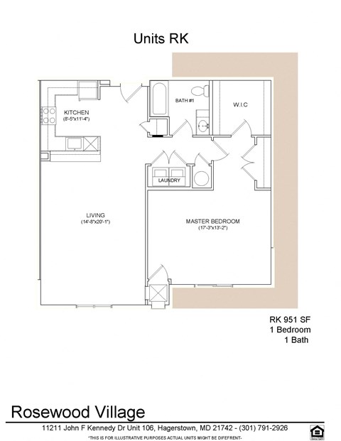 Floor plan for 1 bed, 1 bath, 951 sqft